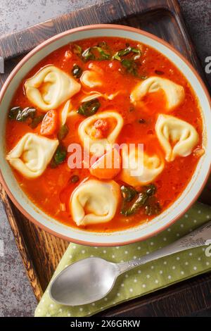 Tortellini di pomodoro italiano, zuppa di pasta con verdure e spinaci da vicino in un piatto sul tavolo. Vista dall'alto verticale Foto Stock