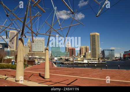 Dal lato sud dell'Inner Harbor, lo skyline del quartiere finanziario del centro di Baltimora sorge sul lungomare Foto Stock