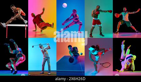 Collage. Diversi tipi di sport. Foto dinamiche di persone atletiche che si allenano con luce al neon su sfondo sfumato in studio. Foto Stock