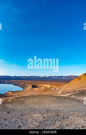 Copertina con il vulcano della caldera di Askja e il lago del cratere viti nel deserto vulcanico senza vita delle Highlands, con pietre e rocce lanciate dall'eruzione vulcanica Foto Stock