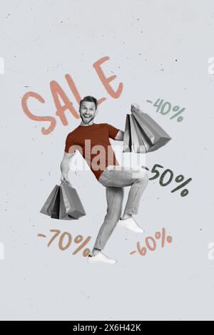 Immagine di schizzo opere d'arte composita collage fotografico di offerta limitata vendita del venerdì nero a basso prezzo cliente shopaholic giovane uomo portare borse Walk Foto Stock