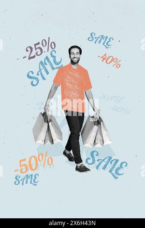 Immagine di schizzo grafica composita collage fotografico di un giovane uomo shopaholic cliente che trasporta borse in offerta limitata vendita Black friday prezzo basso Foto Stock