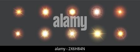 Luci dorate del sole realistiche ambientazioni vettoriali. Scintille di raggi. Esplosioni di elementi 3d illuminati dalla luce solare su sfondo scuro Illustrazione Vettoriale