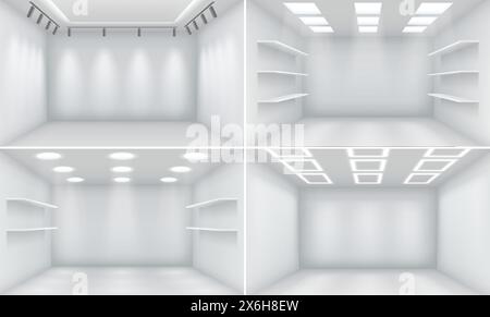 Empty (vuoto) consente di memorizzare un set di illustrazioni 3d realistiche. Modelli di contenitori per negozi. Collezioni di sfondo vettoriale degli interni degli showroom minimalisti Illustrazione Vettoriale