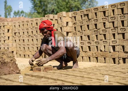 Un operaio non locale usa il fango per creare mattoni usando uno stampo in un forno di mattoni a Budgam. La notevole emissione di elementi tossici dai forni da mattoni rappresenta una grave minaccia per la salute pubblica e l'ambiente. Questi forni rilasciano fumi dannosi che possono influenzare negativamente gli occhi, i polmoni e la gola delle persone esposte a loro. Nel Jammu e nel Kashmir, i problemi di inquinamento dei tradizionali forni di mattoni vengono affrontati con il passaggio alla tecnologia a zig zag. La tecnologia a zig zag introduce un motivo a zig zag nel sistema di cottura del forno. Questo design consente un flusso d'aria più controllato, ottimizzando la combustione Foto Stock