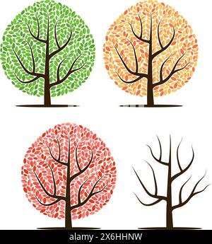 Quattro alberi con foglie verdi, rosse, gialle e senza foglie. Illustrazione vettoriale isolata su sfondo bianco Illustrazione Vettoriale