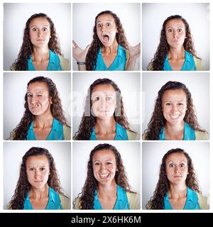 Donna, composito e collage con espressioni facciali in studio con divertente o gioiosa in ritratto con felice. Emozioni, commedia e sequenza con serie Foto Stock