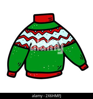 Maglia natalizia Doodle con ornamenti. Pullover di lana disegnato a mano isolato su sfondo bianco. Colore felice anno nuovo, buon Natale Illustrazione Vettoriale