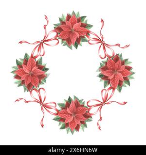 Fiori di Poinsettia con archi di seta. Cornice di Natale, vintage. Illustrazione ad acquerello disegnata a mano pianta tradizionale per sfondo invernale. Isolat Foto Stock