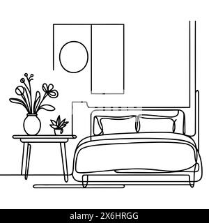 Disegno continuo a linea singola di un letto matrimoniale e tavolo con pianta in vaso in uno stile semplice e lineare. Illustrazione vettoriale. Illustrazione Vettoriale
