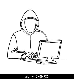 Simbolo di un hacker di sicurezza informatica continuo su una linea. Silhouette del ladro di sicurezza finanziaria online. illustrazione vettoriale. Illustrazione Vettoriale