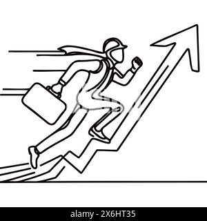 Disegno continuo di un uomo d'affari che si imbatte nella parte superiore della freccia verso l'alto per gli affari, illustrazione vettoriale. Illustrazione Vettoriale