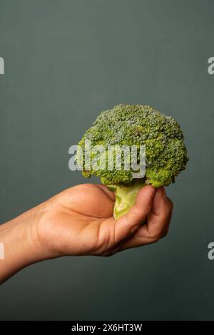 Green Wellness Grasp: Mano che tiene i Broccoli su uno sfondo vivace Foto Stock