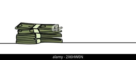 un mucchio di banconote, contanti, banconote, dollari, in un'unica linea. Disegno continuo di dollari. Illustrazione Vettoriale
