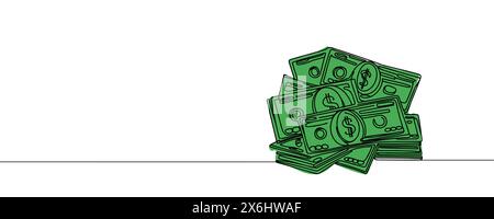 un mucchio di banconote, contanti, banconote, dollari, in un'unica linea. Disegno continuo di dollari. Illustrazione Vettoriale