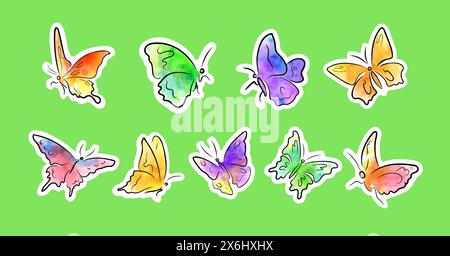 Farfalle disegnate con inchiostro e aquarelle, adesivi Illustrazione Vettoriale