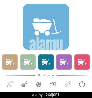 Caricato il carrello della miniera e piccone bianco piatto icone su colore arrotondato sfondo quadrato. 6 icone bonus incluse Illustrazione Vettoriale