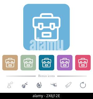 La borsa scolastica presenta icone bianche piatte su sfondi quadrati arrotondati. 6 icone bonus incluse Illustrazione Vettoriale