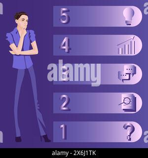 Una donna utilizza 5 passaggi per identificare un problema o un'opportunità nel processo decisionale. Concetto di business. Illustrazione vettoriale piatta. Illustrazione Vettoriale