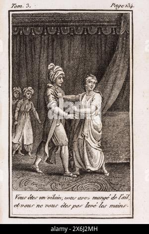 Un'illustrazione di un'edizione francese di le mille e una notte, o le notti arabe, all'inizio del 18° secolo. Un primo esempio di appuntamento al buio, mostra una donna che rifiuta fermamente il suo corteggiatore - la didascalia recita, tradotta in modo vagamente errato, come "sei brutto, hai mangiato aglio e non ti sei nemmeno lavato le mani" Foto Stock