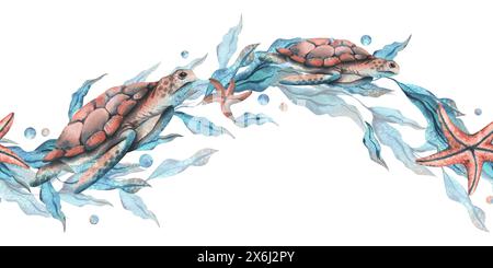 Tartarughe, alghe a forma di onda con stelle marine e bolle d'acqua. Illustrazione ad acquerello disegnata a mano nei colori turchese e corallo. Senza interruzioni Foto Stock