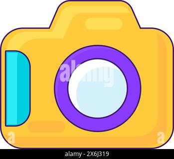 Fotocamera reflex con obiettivo per fotografare momenti indimenticabili delle vacanze estive. Fotocamera dslr gialla. Icona delle vacanze estive. iso elemento vettoriale traccia semplice Illustrazione Vettoriale