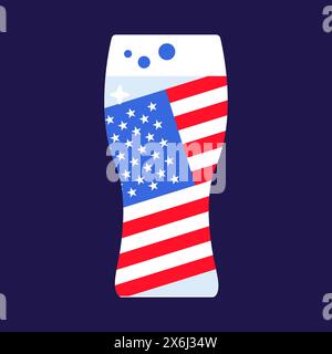 Bicchiere alto pieno di birra leggera e bevanda gassata. Elemento festivo, attributi del 4 luglio USA Independence Day. Icona vettoriale piatta a colori nazionali Illustrazione Vettoriale