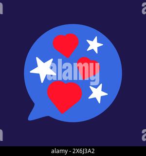 Bolla parlante piena di stelle e segni di cuori patriottici. Elemento festivo, attributi del 4 luglio USA Independence Day. Icona vettoriale piatta in Nationa Illustrazione Vettoriale