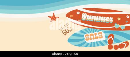 Banner vendite estive anni '70 con tavole da surf Illustrazione Vettoriale