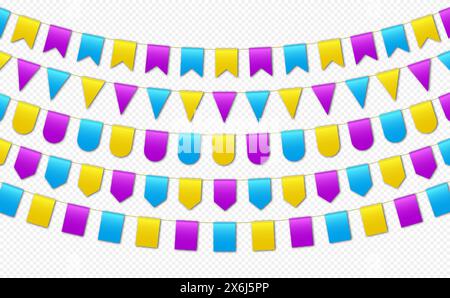 Bandiere di bunting, bandiere per feste di carnevale, pennant festivi appesi su una corda. Illustrazione Vettoriale
