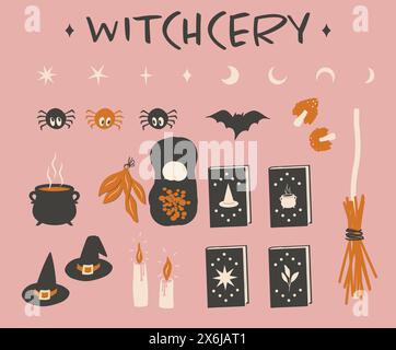 Set di clip art vettoriali con articoli per streghe, cappello, candele, erbe, funghi, libro magico. Ottimo per le ragazze. Illustrazione vettoriale Illustrazione Vettoriale