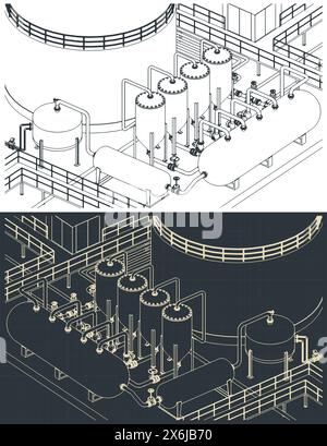 Illustrazioni vettoriali stilizzate di progetti isometrici di raffineria Illustrazione Vettoriale