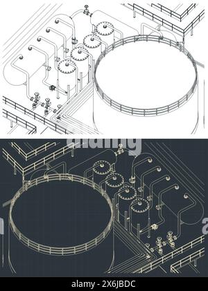 Illustrazioni vettoriali stilizzate di progetti isometrici di raffineria Illustrazione Vettoriale