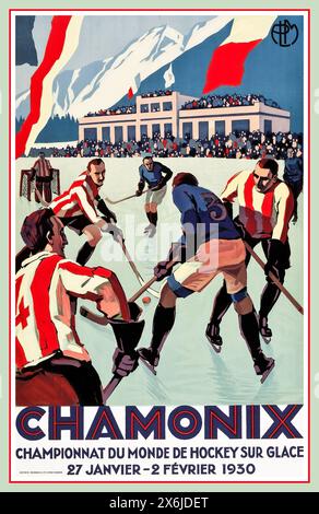 1930 Campionato Mondiale DI hockey su ghiaccio Vintage CHAMONIX poster 27 gennaio-2 febbraio 1930 Sport invernali Chamonix Mont Blanc Francia Foto Stock