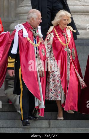 Londra, Regno Unito, 15 maggio 2024. Sua altezza reale Carlo III e sua altezza reale Regina Camilla partecipano al servizio di dedica per l'ordine dell'Impero britannico nella Cattedrale di St Paul Foto Stock