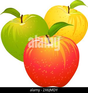 Set di rosso, giallo, verde, mature, succosa mele isolato su uno sfondo bianco Illustrazione Vettoriale