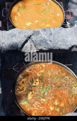 Vista dall'alto di due squisite paella spagnole che cucinano sopra un fuoco aperto nel campo Foto Stock