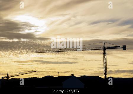 Sagoma delle gru in un cantiere edile con un cielo giallo nuvoloso illuminato all'alba Foto Stock