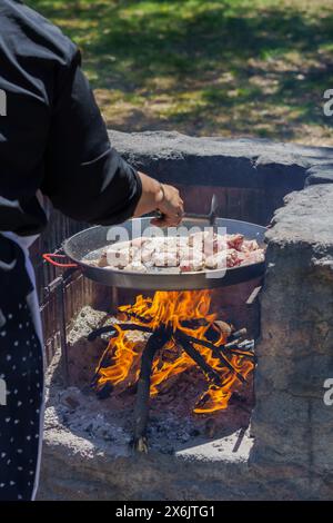 Donna che frigge il pollo in una paella sul fuoco in campagna per preparare una tipica paella spagnola Foto Stock