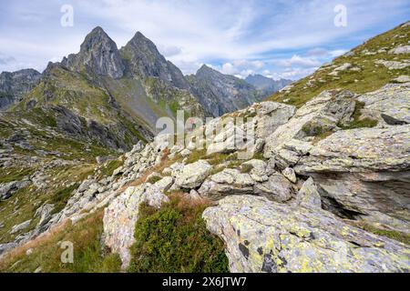 Alpinista su un sentiero escursionistico in sella, cime rocciose appuntite Letterspitze e Steinwand all'Obergailtaler Joch, Carnic Main Ridge Foto Stock