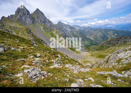 Alpinista su un sentiero escursionistico in sella, cime rocciose appuntite Letterspitze e Steinwand all'Obergailtaler Joch, Carnic Main Ridge Foto Stock