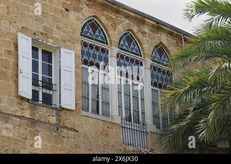 Finestre tradizionali libanesi con rami di una palma. Foto Stock