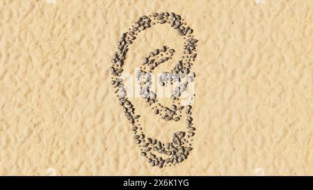 Pietre concettuali sulla sabbia della spiaggia, forma del simbolo fatta a mano, sfondo dorato, segno di un orecchio. Una metafora di illustrazione 3d per la perdita dell'udito Foto Stock