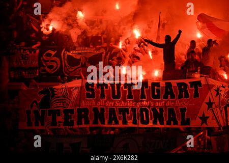 Bengalos, pirotecnica, pirotecnica, fuochi d'artificio, fan block VfB Stuttgart, banner VfB Stuttgart International, WWK Arena, Augusta, Baviera, Germania Foto Stock