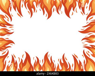 Bordo del telaio antincendio. Fiamme fiammeggianti, fuoco di fuoco, fuoco di fuoco rosso fuoco di falò caldo. Telaio di combustione disegnato a mano isolato su bianco. Elegante cornice a fumetti in stile piatto. Illustrazione vettoriale Illustrazione Vettoriale