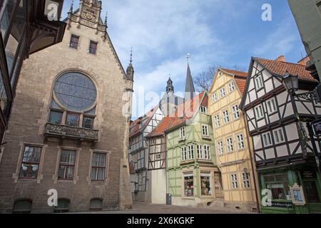 Breite Straße angolo Hoken, città patrimonio dell'umanità di Quedlinburg, Sassonia-Anhalt, Germania Foto Stock