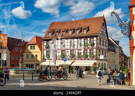 La piazza del mercato di Volkach, bassa Franconia, Baviera, Germania Foto Stock