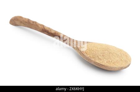 Fibra alimentare. Polvere di buccia di psyllium in cucchiaio isolato su bianco Foto Stock