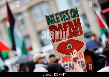 Teilnehmer einer Pro-Palästina-Demo auf dem Bahnhofsvorplatz. Die Demonstranten schwenken Fahnen von Palästina und kritisieren das Vorgehen der israelischen Armee im Gaza-Streifen. Köln, 15.05.2024 NRW Deutschland *** partecipanti a una manifestazione pro-Palestina sul piazzale della stazione i manifestanti ondeggiano bandiere palestinesi e criticano le azioni dell'esercito israeliano nella Striscia di Gaza Colonia, 15 05 2024 NRW Germania Copyright: XChristophxHardtx Foto Stock