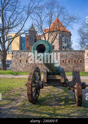 Cannone storico di fronte alla Lukasklause, al Museo otto von Guericke, a Magdeburgo, alla Sassonia-Anhalt, in Germania Foto Stock